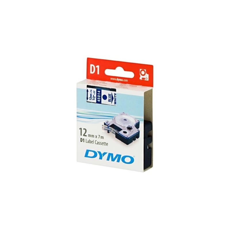 Dymo D1 merkkausteippi, 12mm, valkoinen/sininen teksti, 7m - 45014