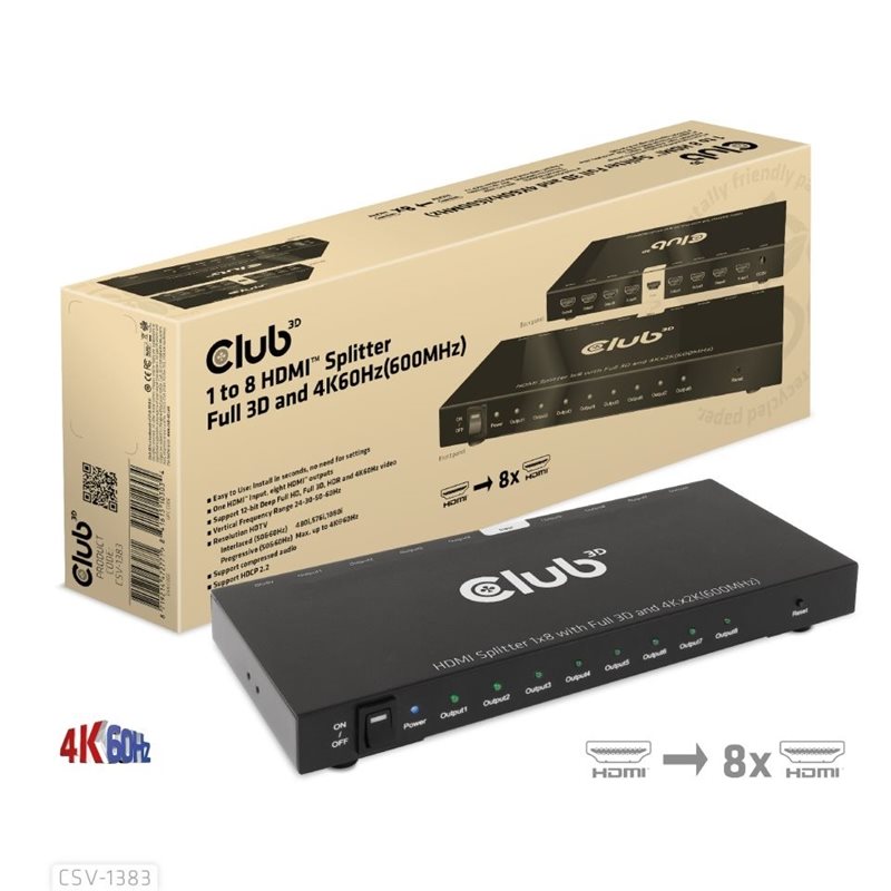 Club 3D 1 to 8 HDMI Splitter Full 3D and 4K60Hz(600MHz)