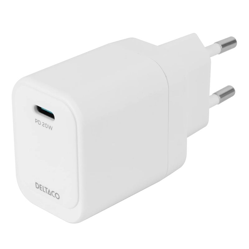 Deltaco 20W verkkovirtalaturi, USB-C PD, valkoinen