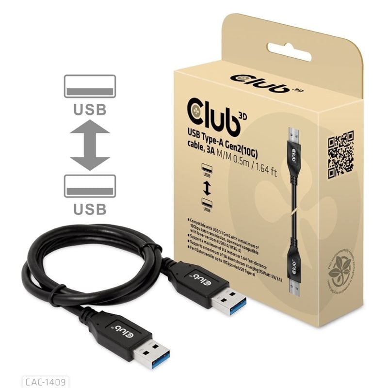 Club 3D 3.1 Gen2 USB-A -kaapeli, 10Gbps, 15W, 0,5m, musta