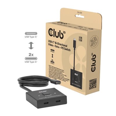 Club 3D USB-C kaksisuuntainen video-/datakytkin, 8K60/4K120Hz + 10 Gbps + PD 100W, musta