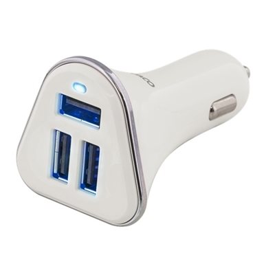 Deltaco USB-autolaturi, 3x USB-A, 5,2A, valkoinen