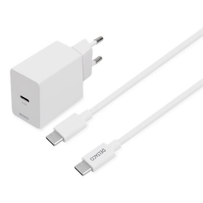 Deltaco 20W verkkovirtalaturi ja USB-C -kaapeli, USB-C PD, valkoinen