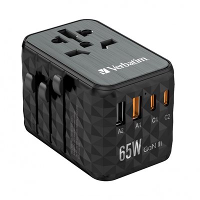 Verbatim 65W GaN III Universal Travel Adapter -maa-adapteri, 2x USB-C PD3.0, USB-A QC3.0, USB-A, musta