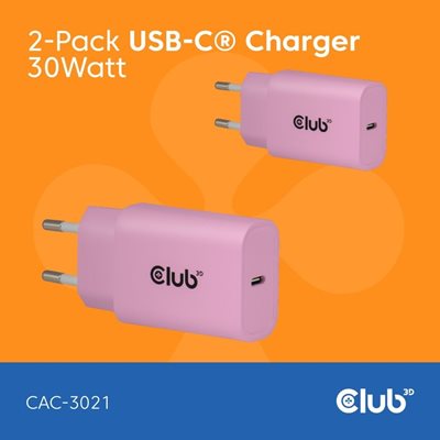 Club 3D 30W GaN-verkkovirtalaturi, USB-C PD3.0, pinkki, 2 kpl