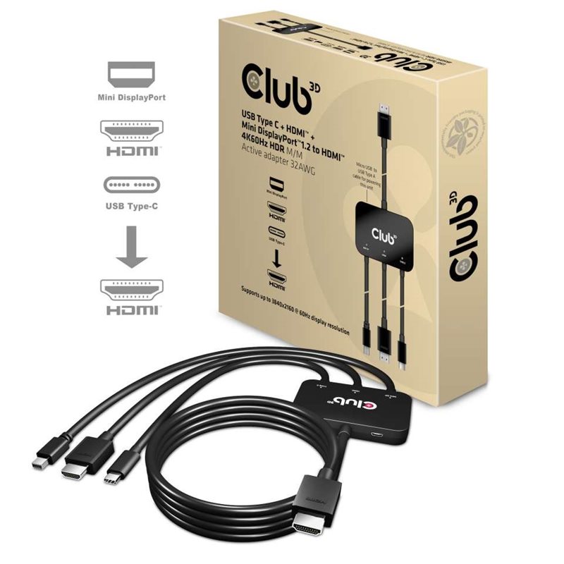 Club 3D USB-C/HDMI/MiniDisplayPort 1.2 - HDMI -adapteri, aktiivinen  (Poistotuote! Norm. 86€)