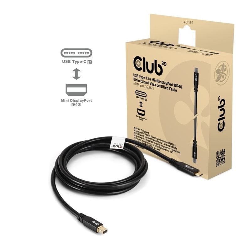 Club 3D USB-C -> Mini DisplayPort 2.1 -kaapeli, 1m, musta