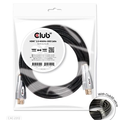 Club 3D 2.0 HDMI -näyttökaapeli, 4K60Hz, 5m, musta