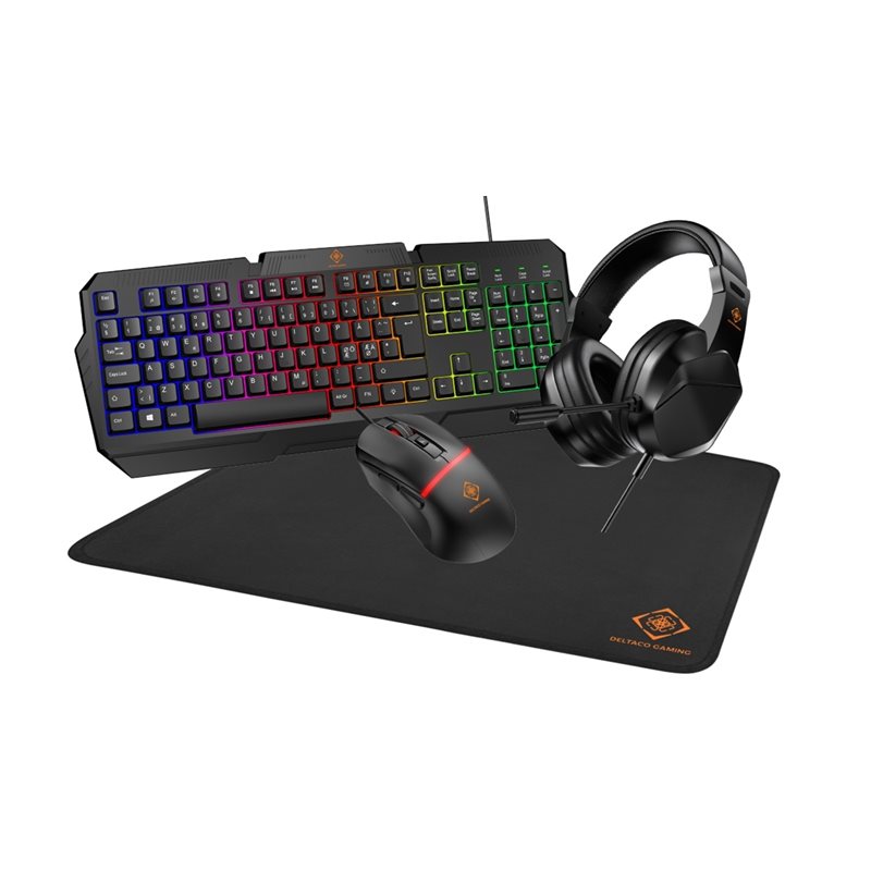 Deltaco Gaming 4-in-1-pelipaketti, kuulokkeet, näppäimistö, hiiret, hiirimatto