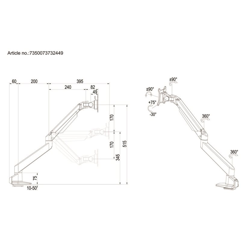 Multibrackets 15-32" M VESA Gas Lift Arm Single Black HD, -pöytäteline näytölle, musta - Kuva 2