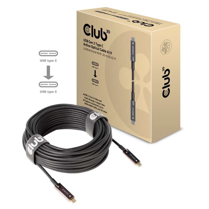 Club 3D 3.2 Gen2 USB-C .-kaapeli, aktiivinen, optinen, yksisuuntainen, 20m, musta