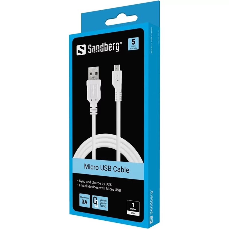 Sandberg USB-A - Micro-USB -kaapeli, 3A, 1m, valkoinen - Kuva 2
