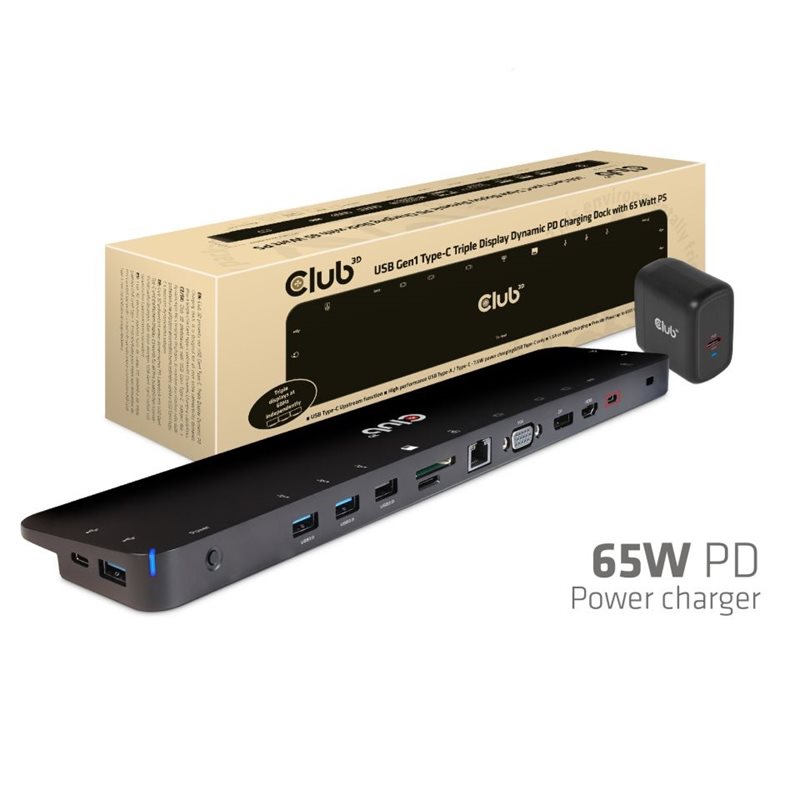 Club 3D 3.2 Gen1 USB-C Triple Display Dynamic PD -lataustelakka + 65W virta-adapteri, musta