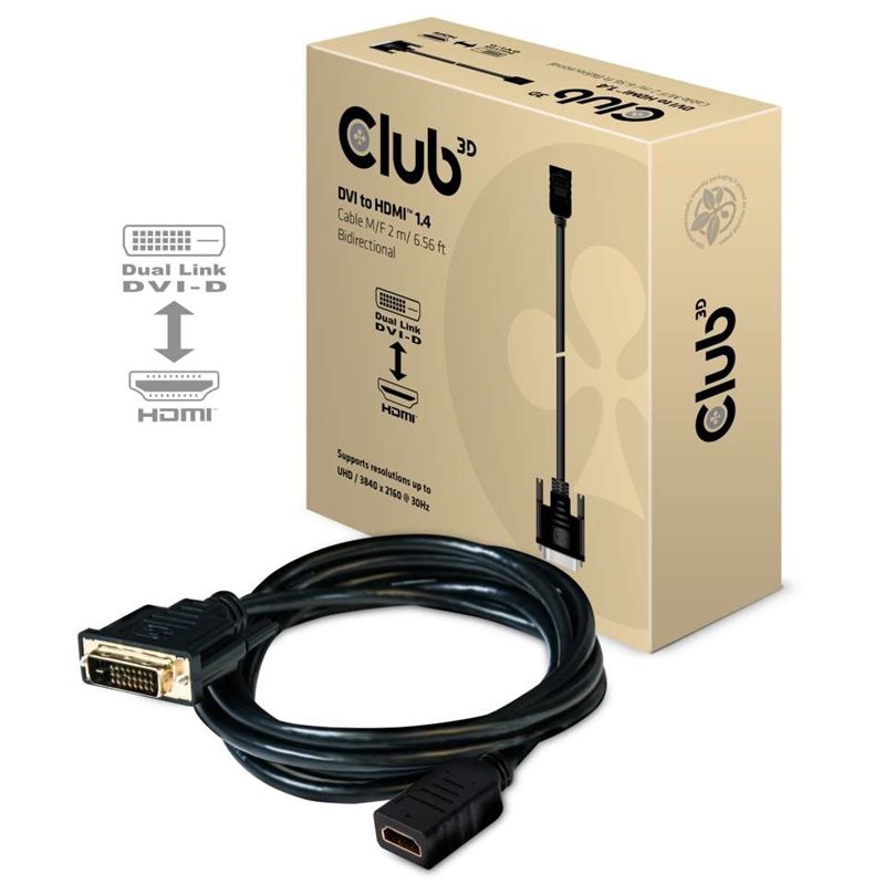 Club 3D DVI -> HDMI 1.4 -sovitinkaapeli, uros/naaras, kaksisuuntainen, 2m, musta