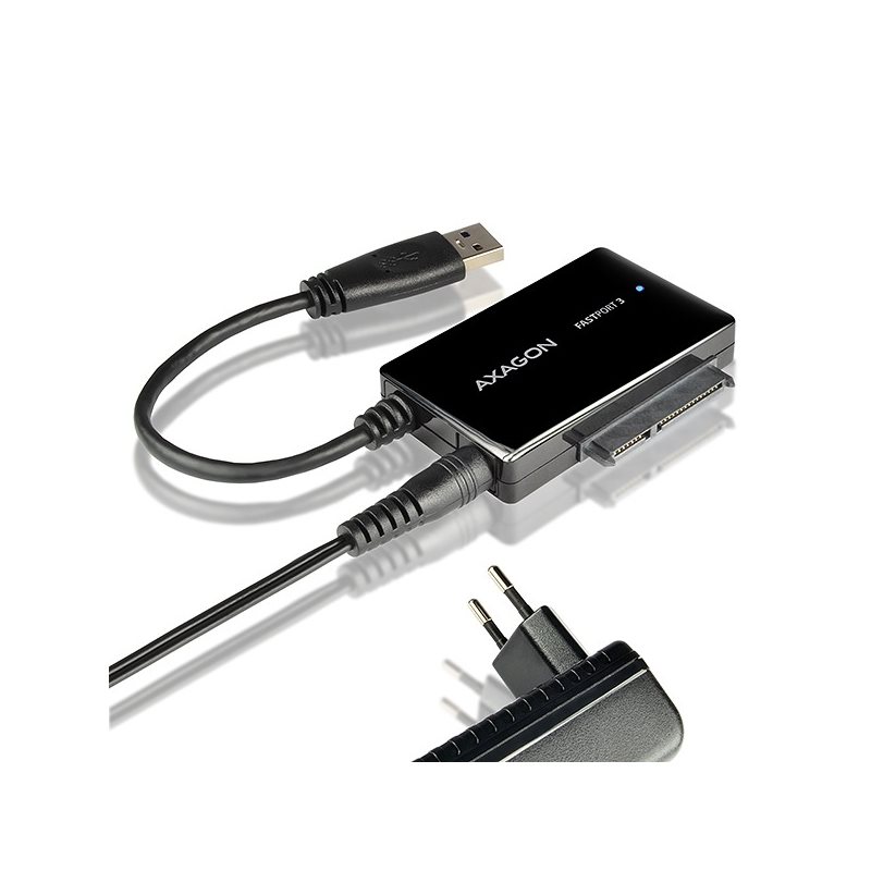 AXAGON 3.0 USB-A -adapteri SATA3.1 6G SSD/HDD-levylle, sis. virta-adapterin, musta