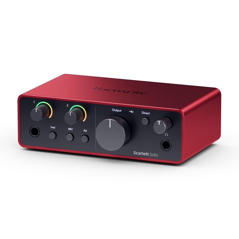 Focusrite Scarlett Solo 4th Gen, 2-in, 2-out USB audio interface, musta/punainen