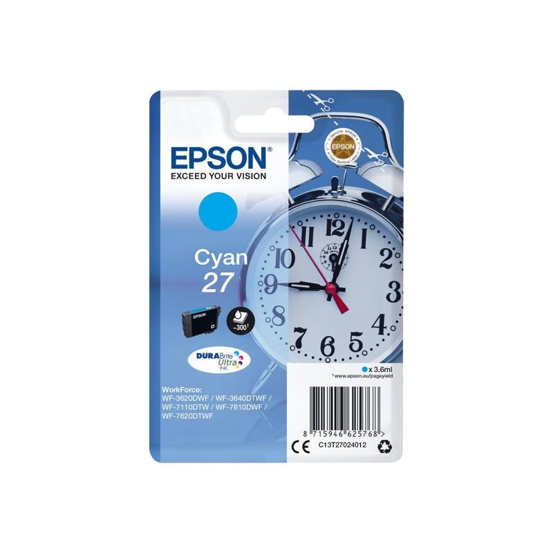 Epson 27 DURABrite Ultra Alarm Clock -väriainekasetti, syaani (SEC)