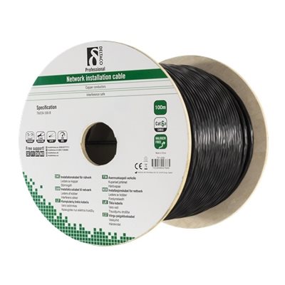 Deltaco U/FTP Cat6a suojattu asennuskaapeli ulkokäyttöön, LSZH, 100m kela, musta