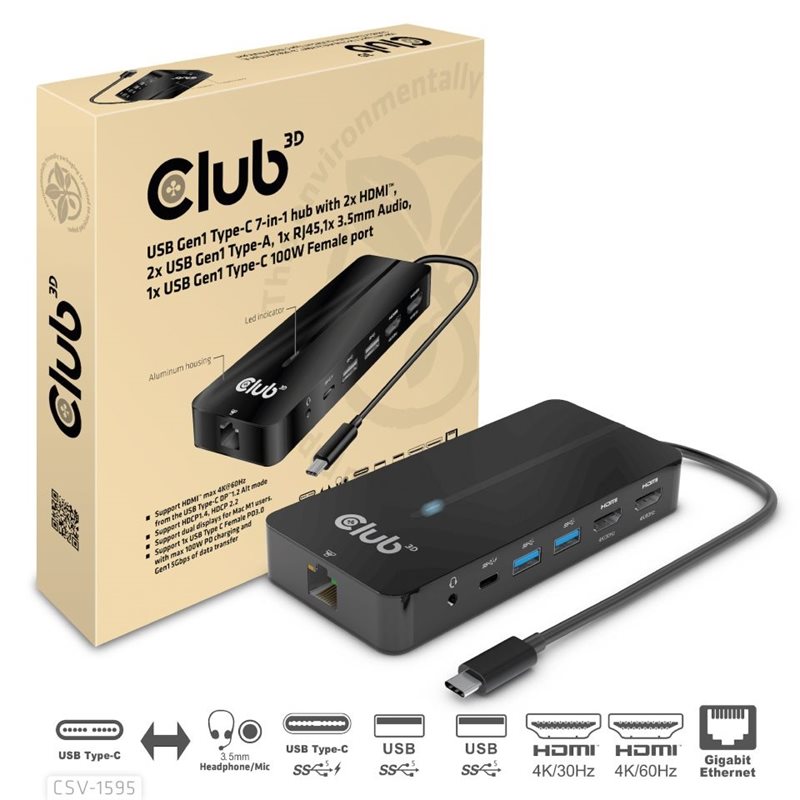 Club 3D 3.1 Gen1 USB-C 7-in-1 -telakointiasema, 2x HDMI, 2x USB-A, RJ45, audio, USB-C PD 100W, musta