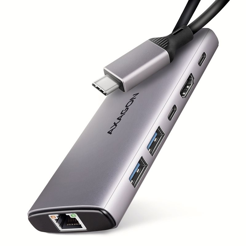 AXAGON 3.2 Gen1 USB-C-hubi, HDMI 4K60Hz, 2x USB-A, Gigabit LAN, PD3.0 100W 3A, 0,15m, hopea