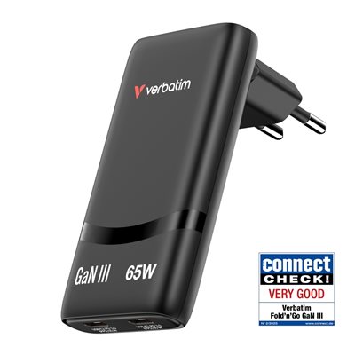 Verbatim 65W Fold 'n' Go GaN-verkkovirtalaturi, 2x USB-C PD3.0 65W, musta