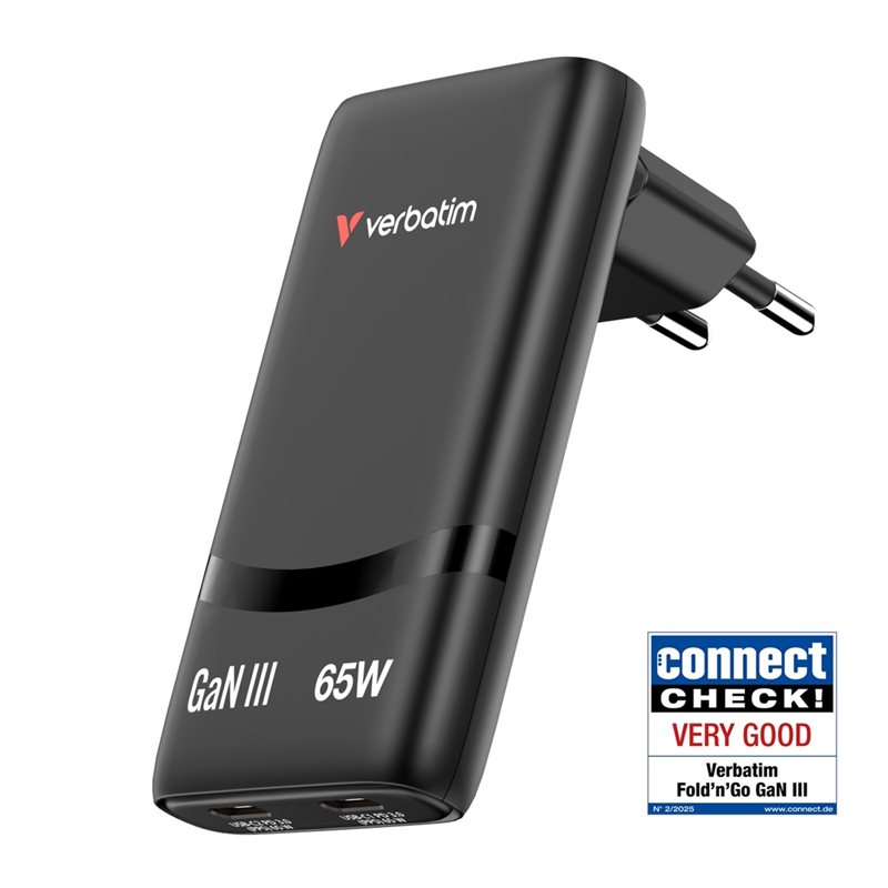Verbatim 65W Fold 'n' Go GaN-verkkovirtalaturi, 2x USB-C PD3.0 65W, musta