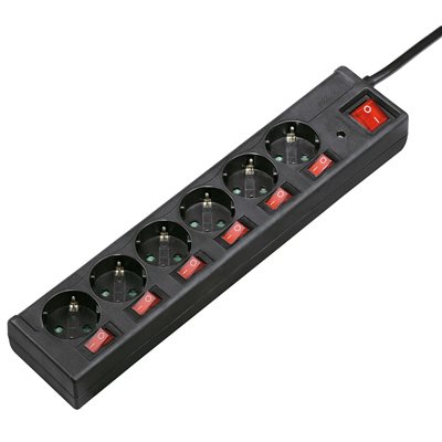 Hama Jatkojohto 6 pistokkeella, ylijännitesuojauksella ja seitsemällä on/off-kytkimellä, 1,5m, musta