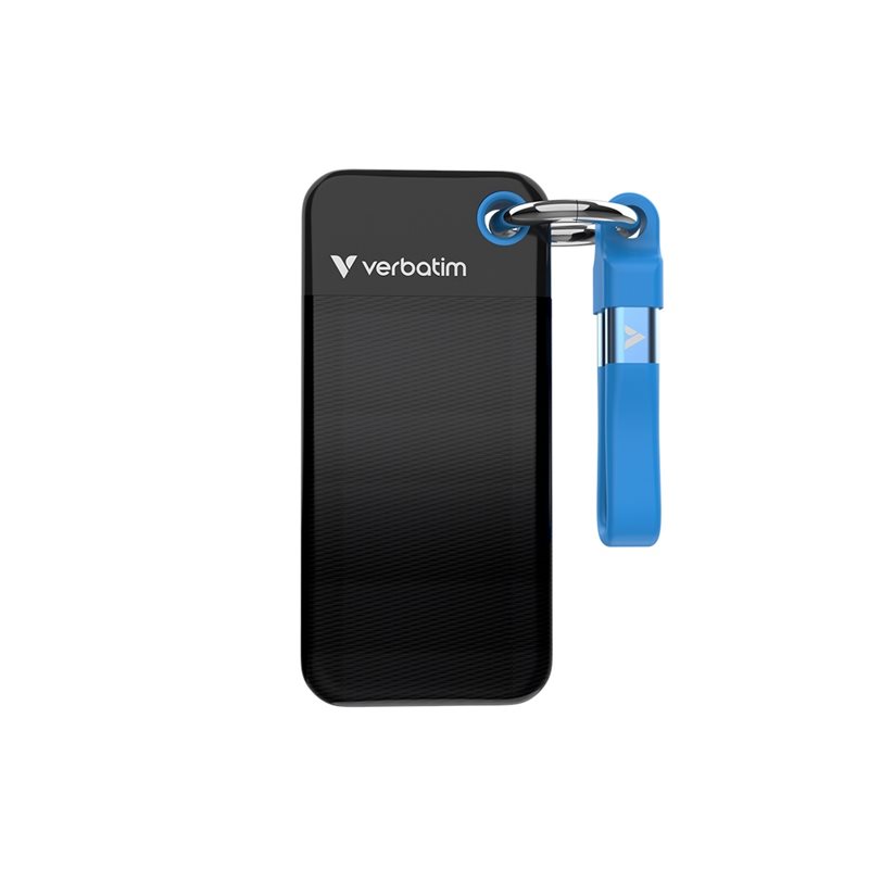Verbatim 512GB Pocket SSD, ulkoinen SSD-levy, 3.2 Gen2 USB-C, 1000/1000 MB/s, musta/sininen