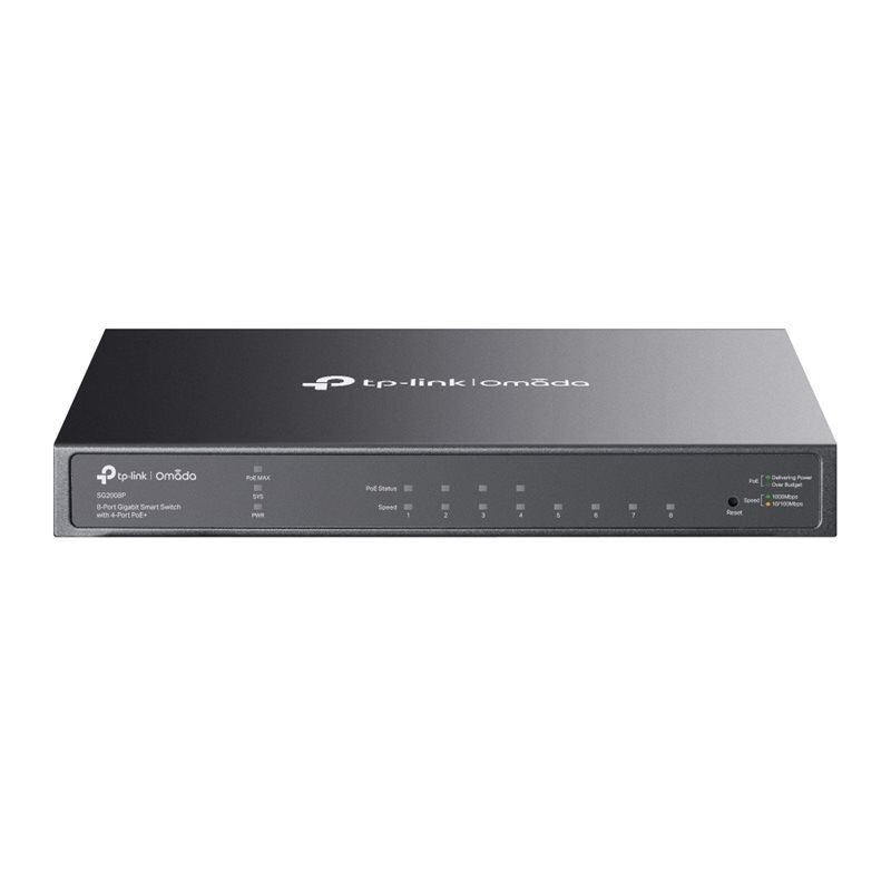 TP-Link SG2008P, 8-porttinen Gigabit-kytkin, 4x PoE+, smart-hallittava, 62W, musta