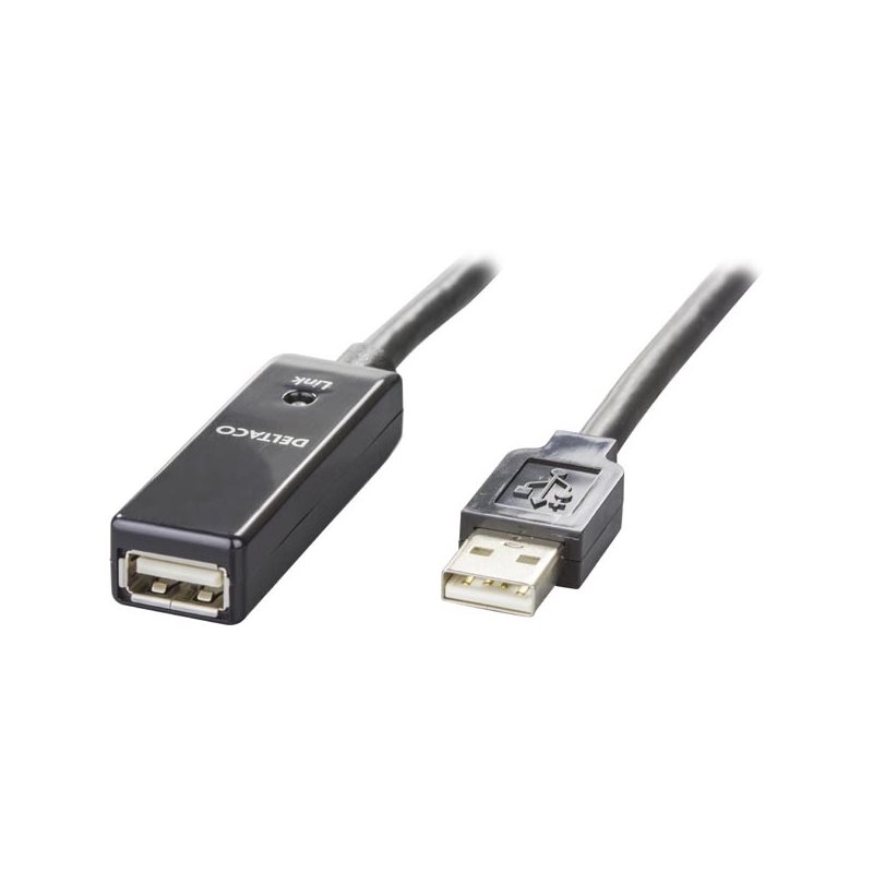 Deltaco 2.0 USB-A -jatkokaapeli, aktiivinen, 15m, musta