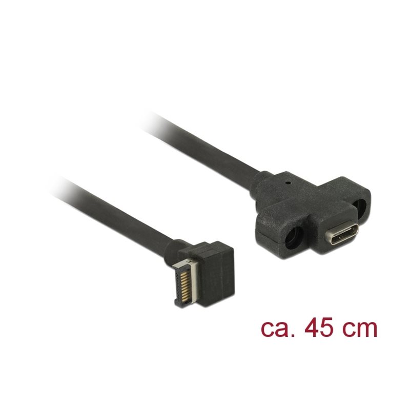 DeLock 3.1 Gen2 USB-C Key A 20-pin uros kulmalla - paneelikiinnitys-naaras -kaapeli, 45cm, musta