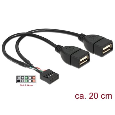 DeLock 2.0 USB-header 10-pin naaras -> 2x 2.0 USB-A naaras, 20cm, musta