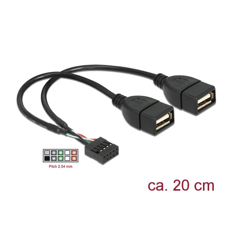 DeLock USB Pin Header naaras -> 2 x USB 2.0 type-A naaras, 20cm, musta