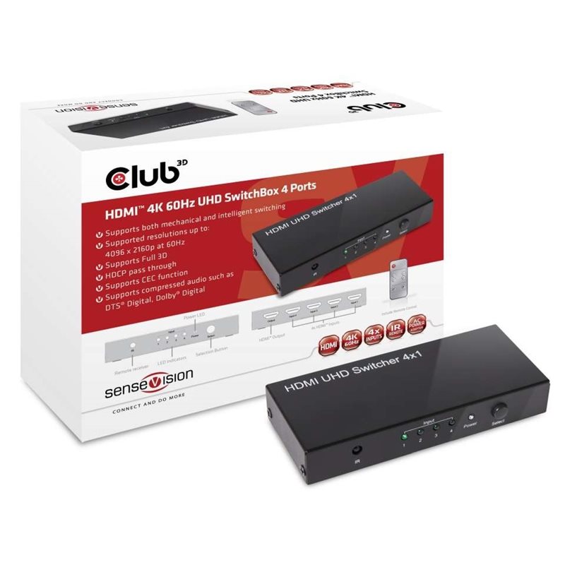 Club 3D (Outlet) HDMI-kytkin, 4 tuloa - 1 lähtö, HDMI 2.0, kaukosäädin, musta