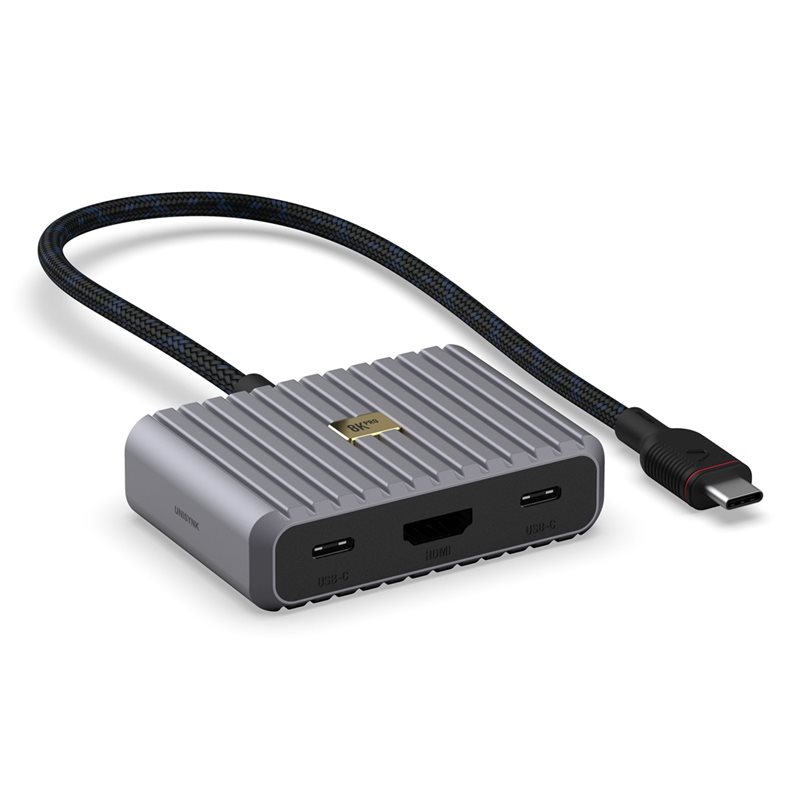 Unisynk 5-porttinen USB-C hubi, HDMI 4K120, USB-A, 2x USB-C, USB-C PD 100W, harmaa