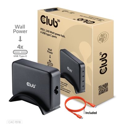 Club 3D 240W GaN-verkkovirtalaturi, 4x USB-C PD3.1, musta