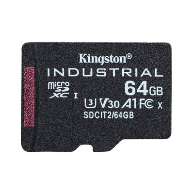 Kingston 64GB Industrial, microSDXC -muistikortti, TLC pSLC, UHS-1 V30 U3 A1, 100/80 MB/s, SD-adapterilla