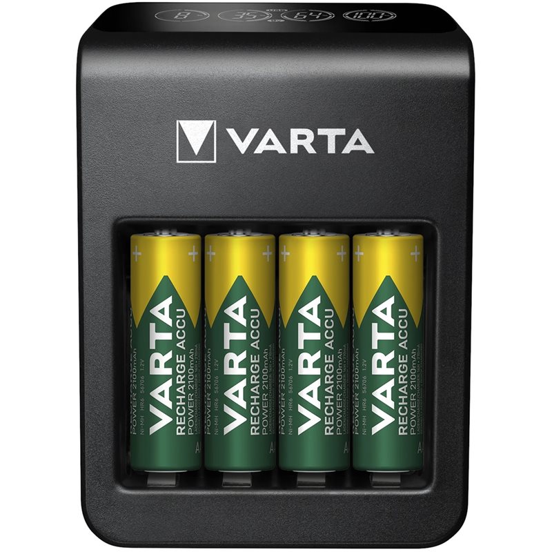 Varta LCD Plug Charger -akkulaturi + 4x AA/LR06 2100mAh akkuparistot, musta