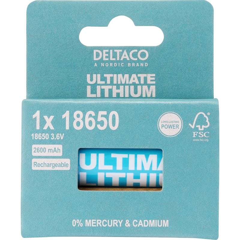 Deltaco 18650 Lithium -akkuparisto, 2600mAh