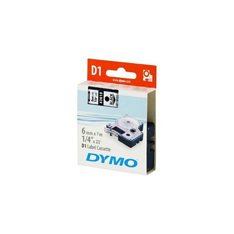 Dymo D1 merkkausteippi, 6mm, läpinäkyvä/musta teksti, 7m - 43610