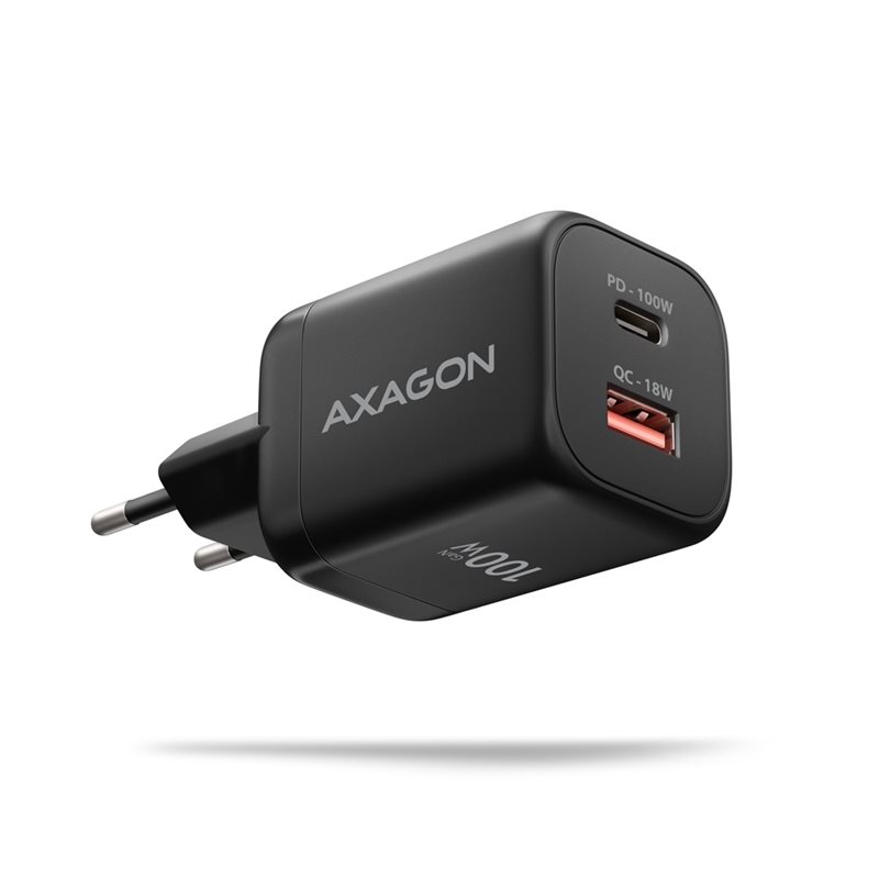AXAGON 100W GaN -laturi, USB-C, USB-A, musta