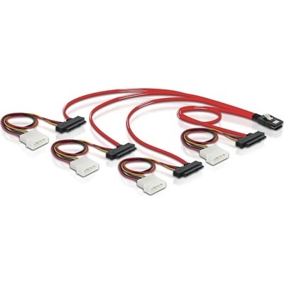 DeLock Multilane SAS -kaapeli, SFF-8087 -> 4x SFF-8482 + Molex, 50cm, punainen