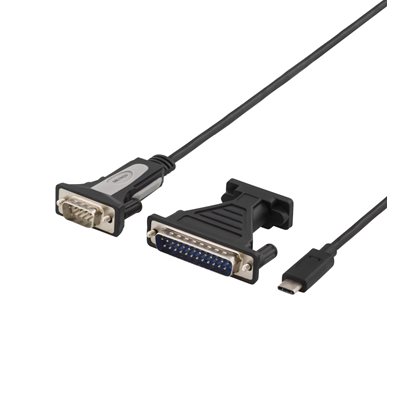 Deltaco 2.0 USB-C - RS-232 (DB9-uros) -sarjaporttisovitin + DB25-sovitin, 0,2m, musta