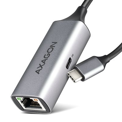 AXAGON Gigabit Ethernet -verkkoadapteri + PD 100W, 3.2 Gen1 USB-C, 15cm, titaaninharmaa