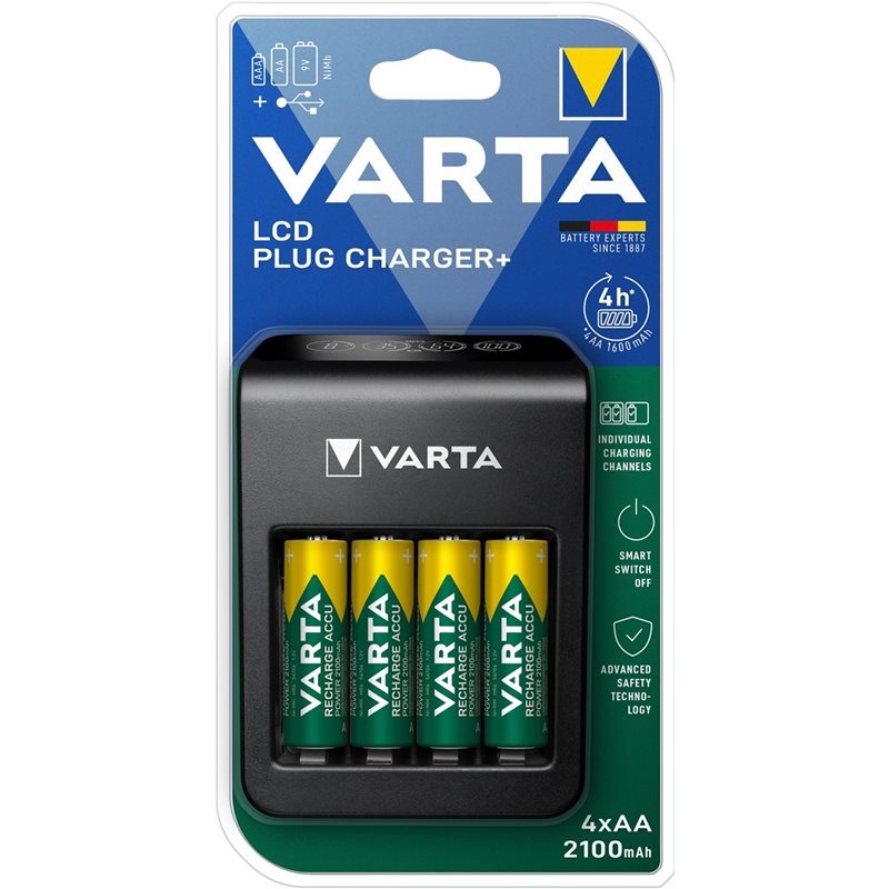 Varta LCD Plug Charger -akkulaturi + 4x AA/LR06 2100mAh akkuparistot, musta - Kuva 2
