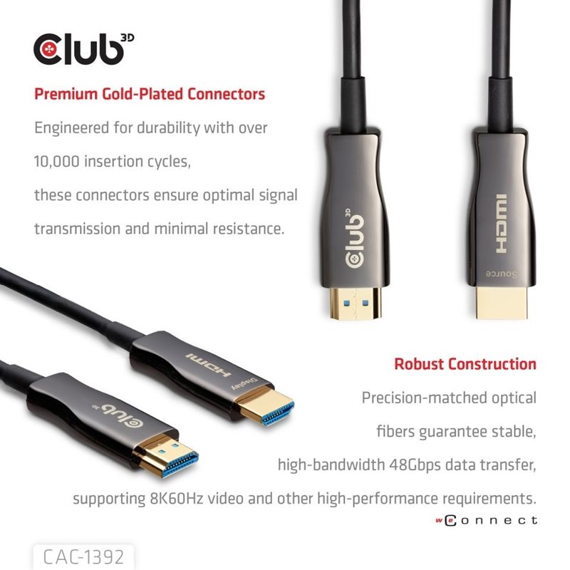 Club 3D 2.1 HDMI -näyttökaapeli, aktiivinen/optinen, 30m, musta - Kuva 2
