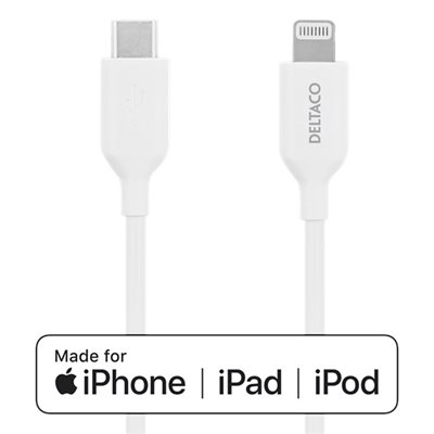 Deltaco Lightning - USB-C -kaapeli, MFI, 2m, valkoinen