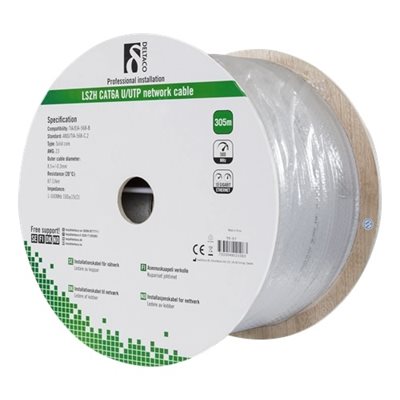 Deltaco U/UTP Cat6a asennuskaapeli, LSZH, 305m kela, harmaa