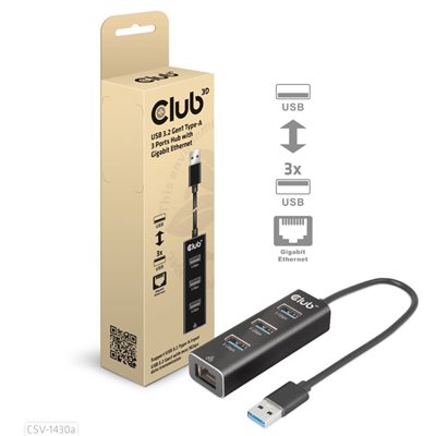 Club 3D 3-porttinen 3.2 Gen1 USB-A -hubi, + Gigabit Ethernet, musta