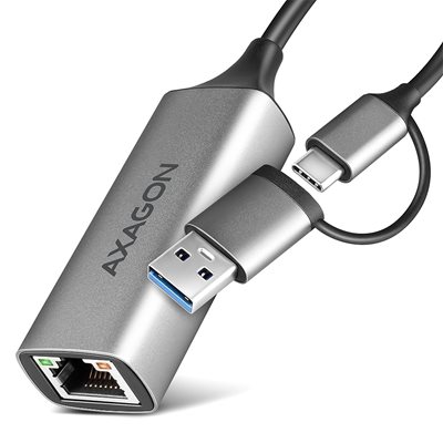 AXAGON Gigabit Ethernet -verkkoadapteri, 3.2 Gen1 USB-A+C, 15cm, titaaninharmaa